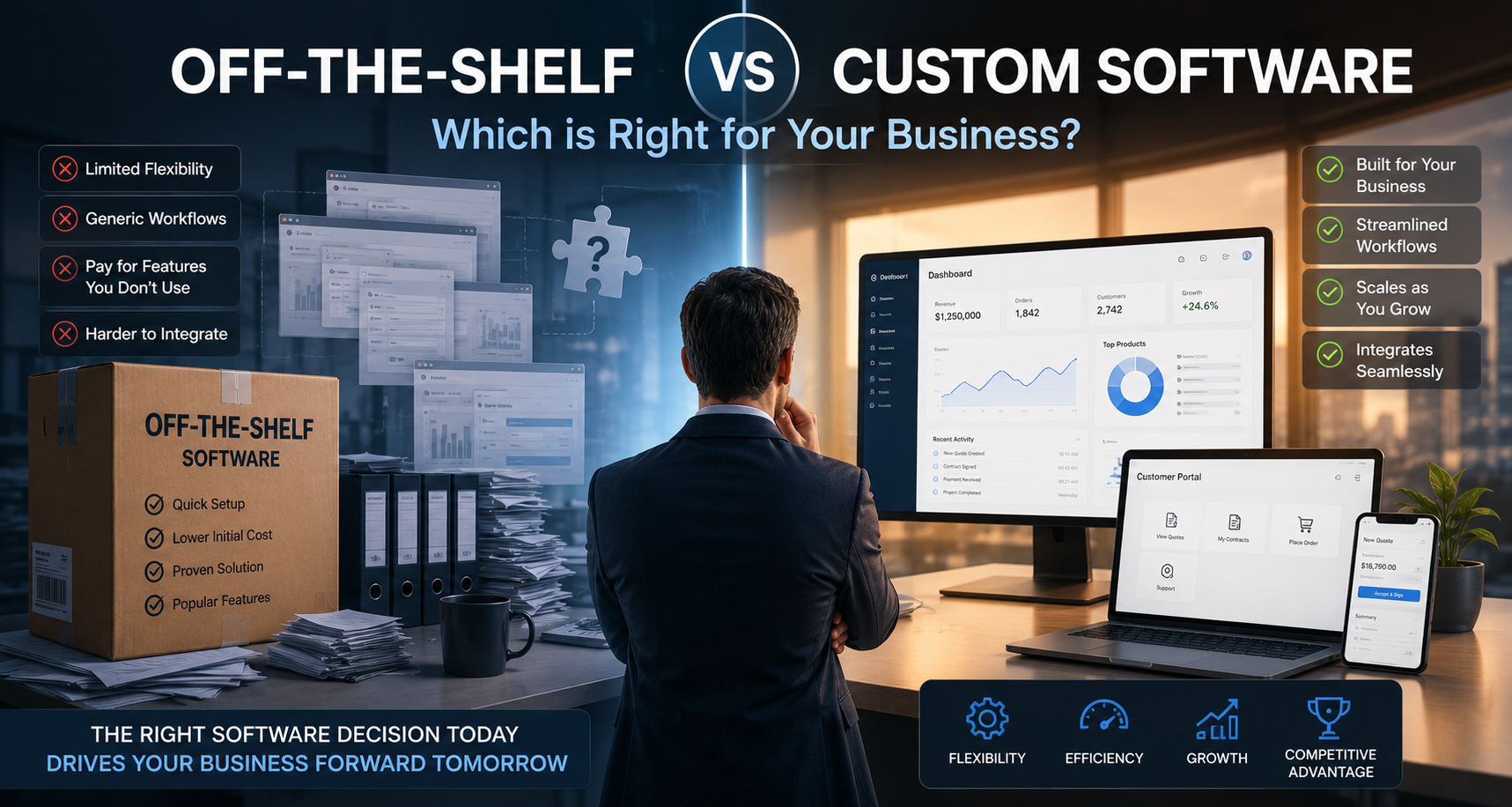 Corporate Interactive - Business Software Developer - Off-the-Shelf vs Custom Software: Which is Right for Your Business? - illustration bbac2256-35fb-4485-a18a-3615c21a9365